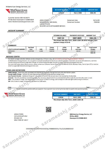 USA Iowa MidAmerican Energy Services utility bill template in Word and PDF format